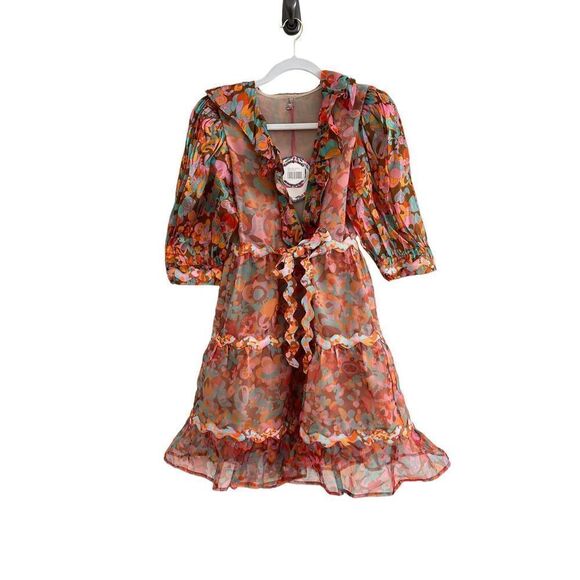 CeliaB Sinai Ruffled V-Neck Tie Waist Floral Mini Dress Multicolor Women's XS - Picture 1 of 12